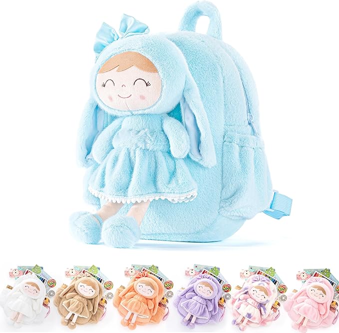 Gloveleya Back to School Gifts for Girls Toddler Backpack Kids Backpack Baby Girl Gift Plush Bag with Pure Blue Rabbit Doll 11 Inches Aged 2+