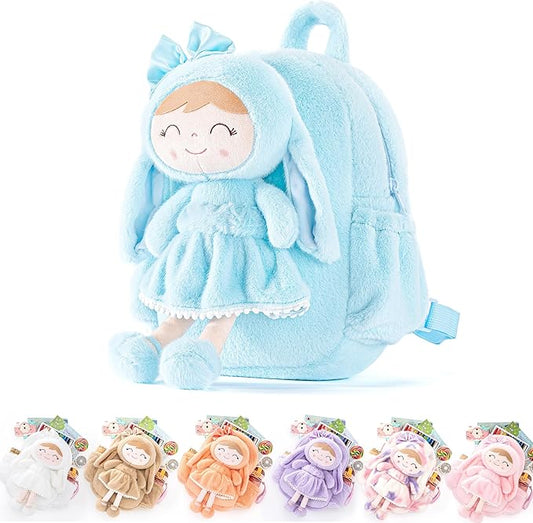Gloveleya Back to School Gifts for Girls Toddler Backpack Kids Backpack Baby Girl Gift Plush Bag with Pure Blue Rabbit Doll 11 Inches Aged 2+