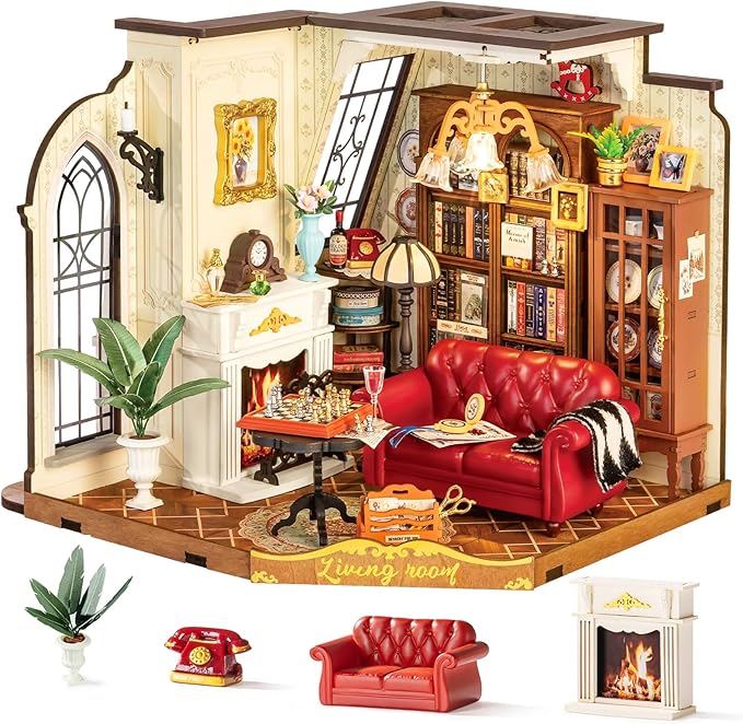 Rolife DIY Miniature House Kit Victorian Parlor 1:18 Scale Dollhouse Diorama, Tiny House Building Kit Antique Bookshelf Display Crafts for Adults Gift for Boys Girls (Catherine's Living Room)