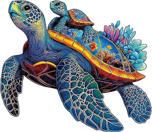 Wooden Jigsaw Puzzles for Adults Teens Kids, Parent and Child Sea Turtle Wood Puzzle, 200 Pieces Unique Animal Shaped Puzzle, Fun Challenging Family Games, 11.49" x 9.65", Gift Box Included