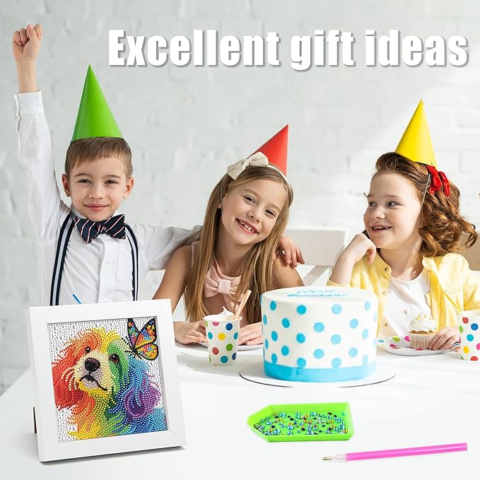 geesfayan Diamond Art Kits for Kids Ages 8-12,6 Inch DIY Gem Art Painting with 7 Inch Frame, Complete Starter Kit for Beginners, Creative Arts & Crafts Gift for Girls & Boys (Butterfly Dog)