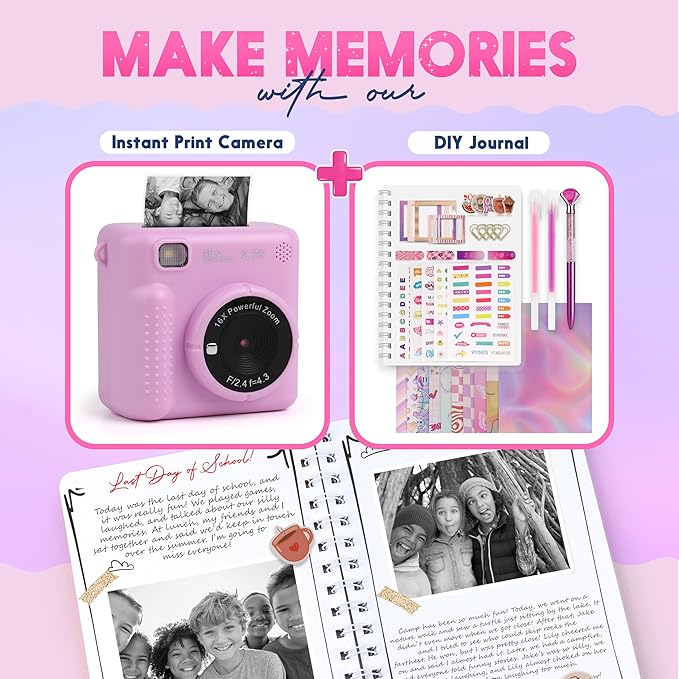 Photomaker Kit - Instant Print Camera for Kids Plus DIY Journal Kit for Girls - 150 Pcs Tween Journal & Camera for Girls - 6 7 8 9 10 11 12 13 14 Year Old Girl (Lilac)