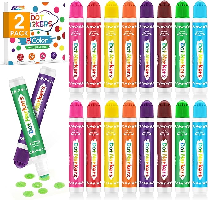 FUMILE Dot Markers for Toddlers 1-3,2 Pack 8 Colors Bingo Daubers for kids,Non-Toxic and Washable Bingo Dot Markers for Art and Craft.Dot Paints for kids Drawing Coloring Supplies