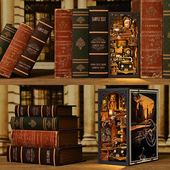 Book Nook Kit, Book Nook Kits for Adults and Teens, DIY Miniature Dollhouse Kit 3D Wooden Puzzle Booknook Bookend with LED Light