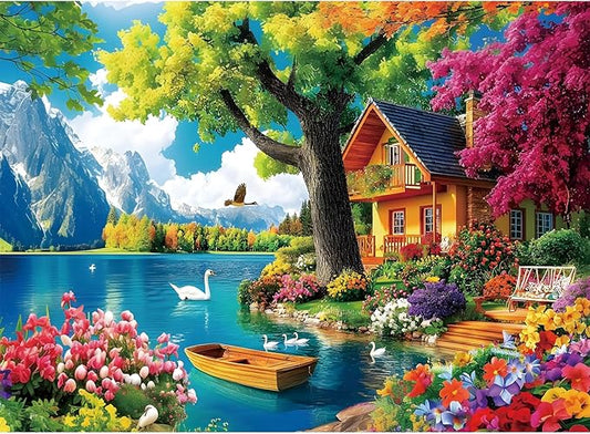 300 Piece Puzzles for Adults,Vintage Lake House Jigsaw Puzzle for Adults Kids Elderly,Large Piece Tree Puzzle for Kids Age 8-10 10-12,Challenging Landscape Puzzle,Family Game Great Gift 20.5x15in