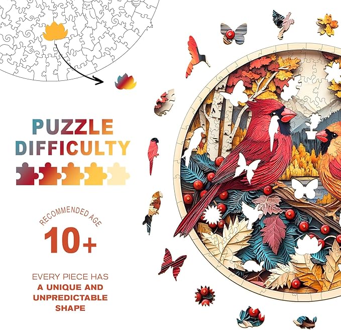 Wooden Puzzles for Adults - Autumn Cardinal Wooden Jigsaw Puzzle, Unique Animal Shaped Wood Puzzles Adult, Christmas Birthday Gifts for Friends/Family, Home Decor 13.4 * 13.4in 290pcs
