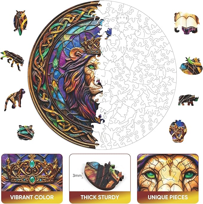 Wooden Jigsaw Puzzle, 200 Pcs Unique 3D Shape Jigsaw Puzzles, Wood Puzzle Gift Box Packing, Medium Size Letter, Creative Gift for Adults and Kids, Fun Challenging (200PCS, Lion)