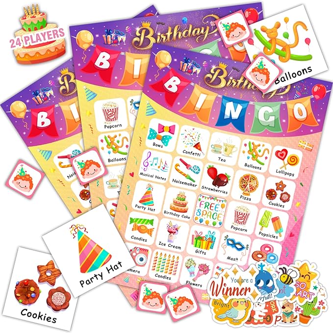 Birthday Bingo Game for Kids Toddlers 24 Players Happy Birthday Bingo Cards with 40Pcs Reward Stickers School Family Party Favors Gifts Classroom Activities Board Game Holiday