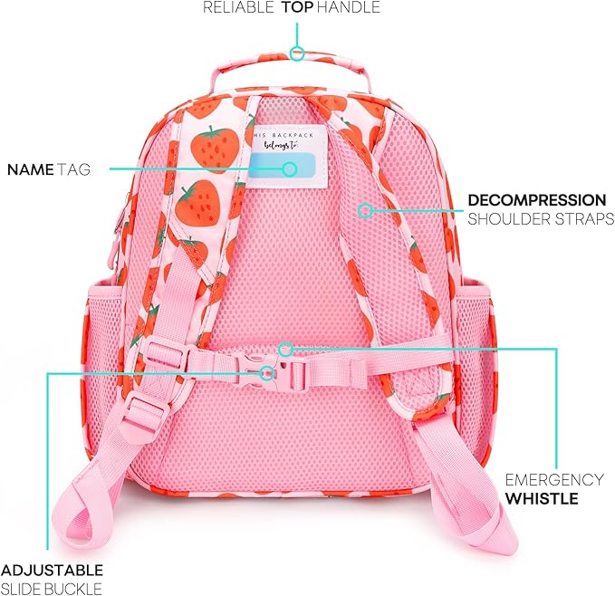 mibasies Toddler Backpack for Girls 2-4: Cute Kids Backpacks for Girls - Preschool Kindergarten Backpack - Strawberry Pink