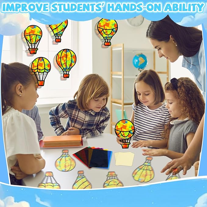 QOUBAI 32 Sets Air Balloons Suncatchers Craft Kit DIY Window Stained Glass Effect Hot Air Balloons VBS Paper Craft Home School Classroom Decoration Kid Birthday Gift Creative Art Project Activity Game
