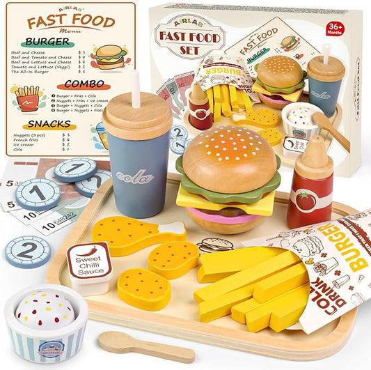 Wooden Play Food for Kids Kitchen Pretend Play Sets Hamburger French Fries Toddlers Toy 3-5 Year Old 2-4 Girl Boy Birthday Gift Age 3 4 5 6 Wood Educational Toys