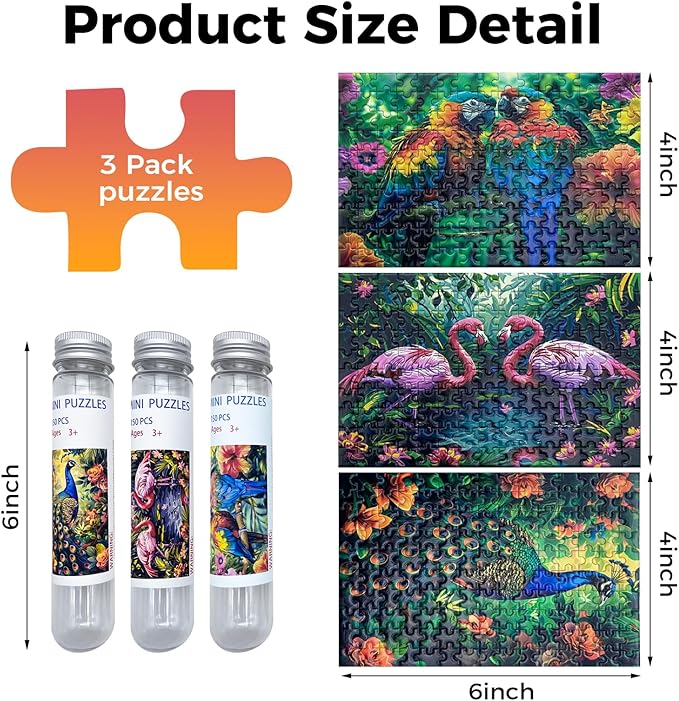 150 Pieces Mini Jigsaw Puzzles for Adults & Kids,6 x 4 Inches,Mini Puzzles,Travel Puzzle,Small Puzzles Challenging Difficult Puzzle,3 Pack Animal Series