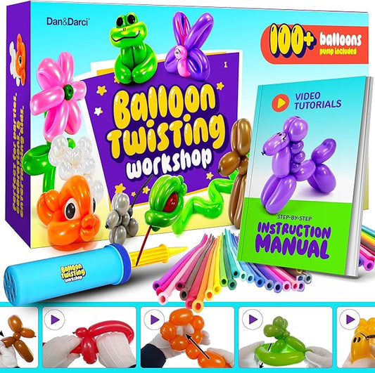 Dan&Darci Balloon Animal Twisting Kit with Pump for Kids - Boy & Girl Gift - Birthday Gifts for Girls and Boys - Arts and Crafts for Kid Ages 8-12 - 6 7 8 9 10 11 12 Year Old - Animals Balloons