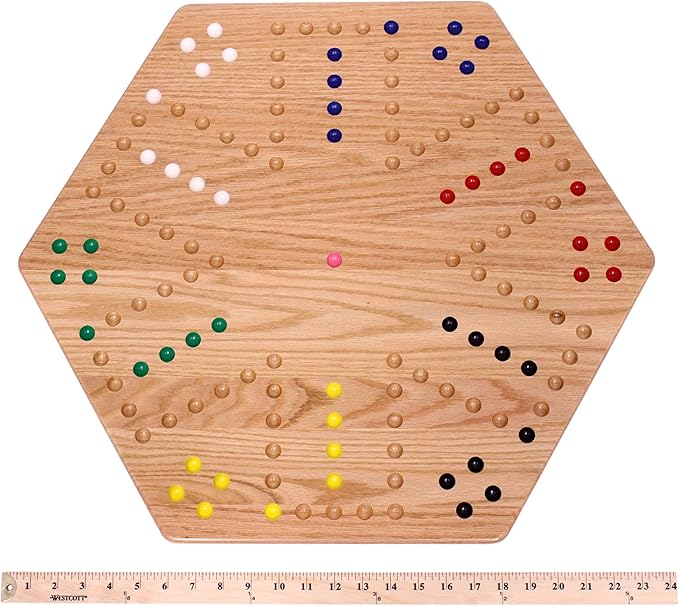 AmishToyBox.com Wahoo Wooden Marble Game Board Set - Large 24" Wide - Solid Oak Wood - Double-Sided - with Large 22mm Marbles and Dice Included