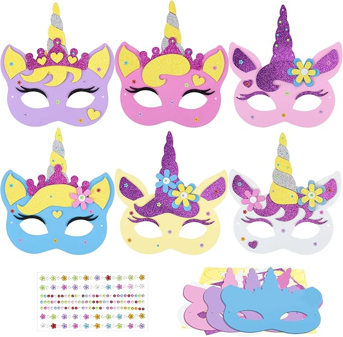 Fennoral 6 Pack Unicorns Masks Craft for Kids Creative Make Your Own Unicorns Masks Foam Stickers DIY Arts and Crafts for Kids Boys Girls Unicorns Theme Party Decorations Birthday Gift