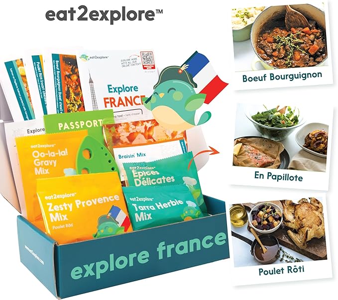 eat2explore Cooking Kits for Kids - Interactive & Educational Set with 3 Recipe Cards, Key Ingredients & Cooking Tools - Ideal Idea for Kids who Love to Create Meals (France Edition)