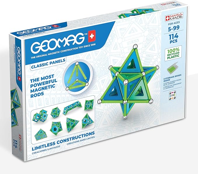 Geomag Classic Magnetic Toys for Kids Ages 5+, 114pc Educational STEM Magnets for Kids - Swiss-Made Magnetic Blocks, Tiles and Building Toys from 100% Recycled Plastic