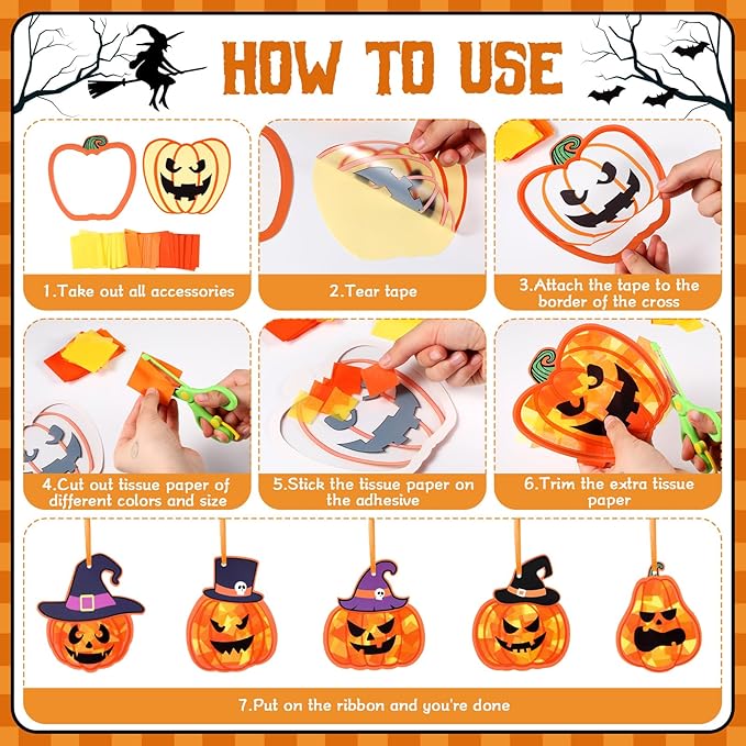 Tinlade 32 Sets Halloween Suncatcher Crafts Kit Pumpkin Suncatcher Paper Crafts with Tissue Paper DIY Window Stained Glass Effect Hanging Ornaments for Autumn Halloween DIY Activities Party Favors