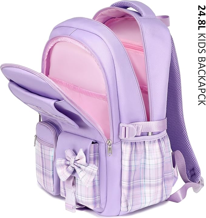 JIANYA Girls Backpack for School Kids Backpack with Lunch Box Elementary School Backpack for Girls, Bow/Purple