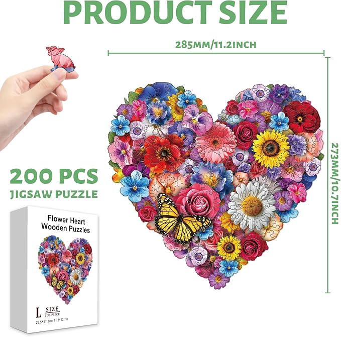 Heart Wooden Puzzles Adults, 200 Piece Flower Puzzles for Adults Vibrant Art Puzzle Unique Shaped Wood Jigsaw Puzzle Gift Fun Challenge Family Game Home Decor