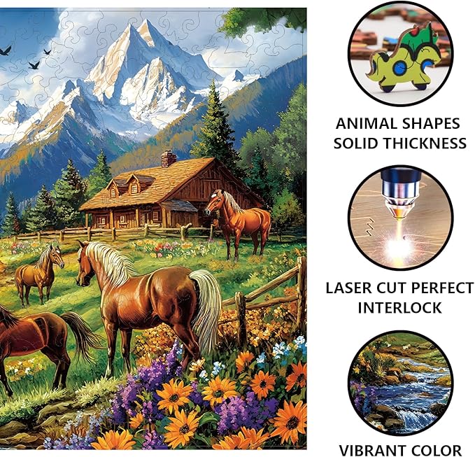 GLOBLELAND 300Pcs Horse Landscape Wooden Jigsaw Puzzles for Adults 11.22x15.16inch Colorful Horse Wood Puzzles for Holidays Birthday Gifts