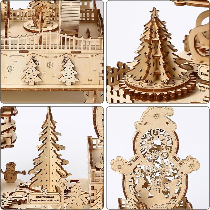 3D Wooden Puzzle for Adults, DIY Christmas Amusement Park Model, Creative Assembly Model Building for Adults, DIY Assembly Puzzle, Woodcraft Kit for Christmas Day