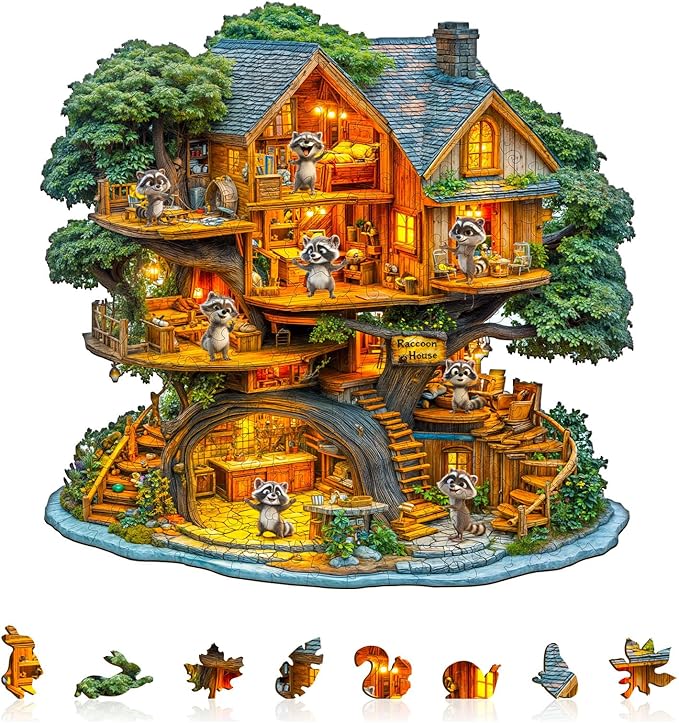 Wooden Puzzles for Adults - 200 Pieces Raccoon House Wood Puzzle - Unique Shapes Wooden Jigsaw Puzzles for Adults - Eco-Friendly Home Office Decor (11.4 * 11.2in)