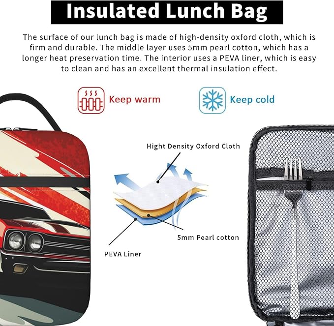 Muscle Car Lunch Bag for Women Men Adults, Insulated Lunch Box for Work, Sports, Travel, Picnic,Hiking, Fishing, Red Retro Classic Car Theme Lunchbox Gifts