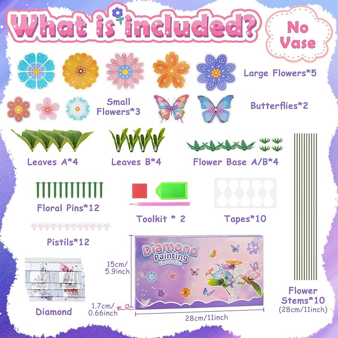 Crafts for 6-8-12-10 Year Old Girls Birthday Gifts, Arts & Crafts for Kids Ages 6-12 Diamond Art Kits for Girl Toys Age 7 8 9 11 Teen Girls DIY Gem Flower Bouquet for Home Room Decor Party Activities