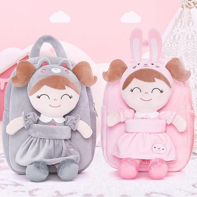 Gloveleya Back to School Gifts for Girls Cat Backpack Toddler Backpack Soft Plush Backpacks with Plush Doll Gray