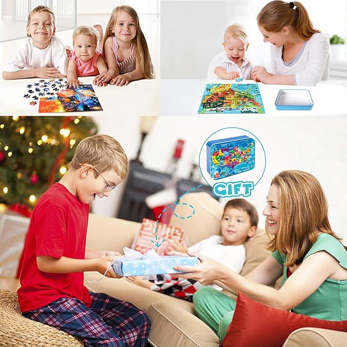 LELEMON 100 Pieces Puzzles for Kids Ages 4-8, 4 Set Kids Puzzle Ages 6-8,United States World Solar System Children Learning Educational Puzzless Toys for Boys and Girls