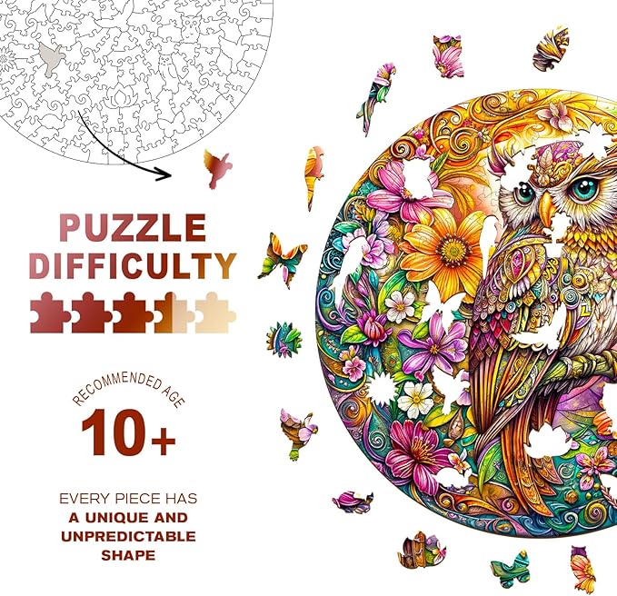 Wooden Puzzles for Adults - Challenging Colorful Owl Adult Puzzle, Unique Animal Shaped Wooden Jigsaw Puzzles for Adults, Creative Gifts Family Games 11.4 * 11.4in 200pcs