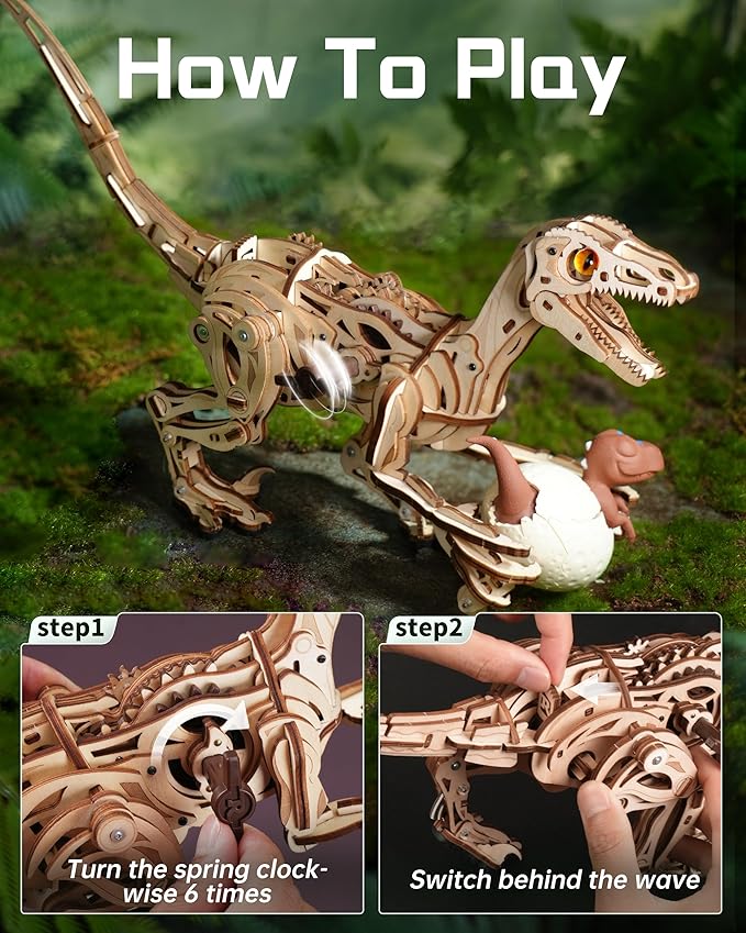 ROBOTIME Dinosaur 3D Wooden Puzzles, Velociraptor Model Kits can Walk, Mechanical Dinosaur STEM Toys, 3-D Puzzles Building Kit Gifts
