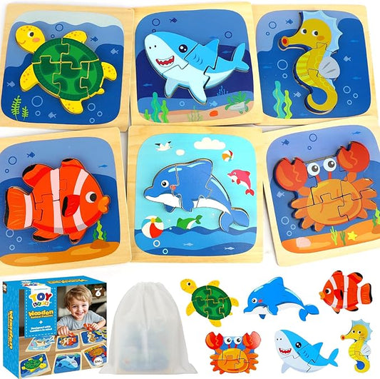 TOY Life Wooden Puzzles for Toddlers 2-4, Sea Animals Puzzles for Toddlers 1-3, Wood Puzzles Educational Montessori Toys Gifts for 1 2 3 Year Old, Baby Kids Learning Toy