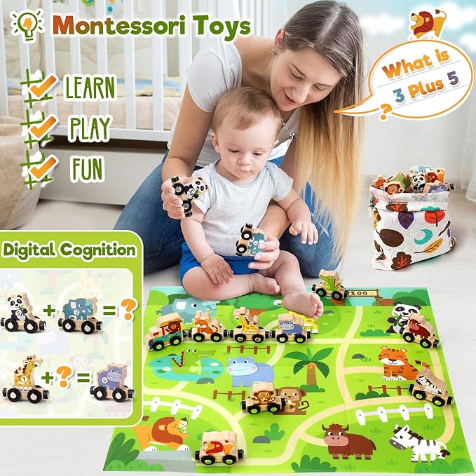 Toys for 1 2 3 Year Old Boys Girls, Montessori Toys Magnetic Wooden Train Set Gifts for 2-3-4 Year Old Boy Girl Educational Toddler Toy Birthday Presents Age 1+ Kids Animal Farm Games with Track Mat