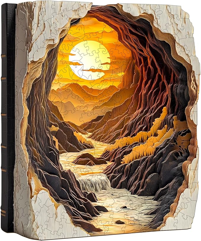 Wooden Puzzles for Adults, 3D Vision Effect Sunset Book Wooden Jigsaw Puzzle Unique Shape Wood Puzzle Adult, Challenge Flat Puzzle Birthday Gifts Family Game (L-13.4 * 11.2in-285pcs)