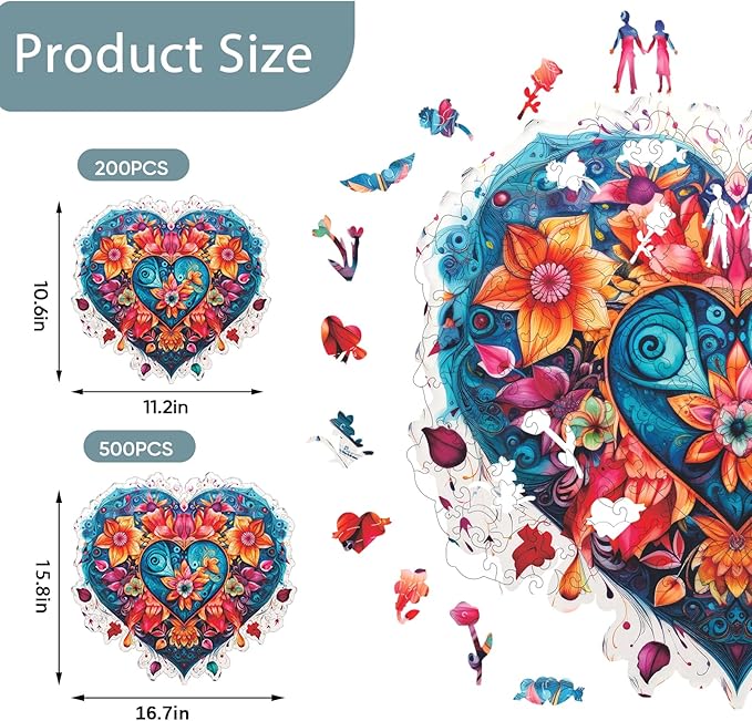 Ruikiyart Wooden Puzzles for Adults, 5MM 500 PiecesLily Heart Flower Wooden Jigsaw Puzzle, Unique Shapes Puzzles Great Gift for Adults and Kinds on Birthday, Christmas (16.7"x15.8")