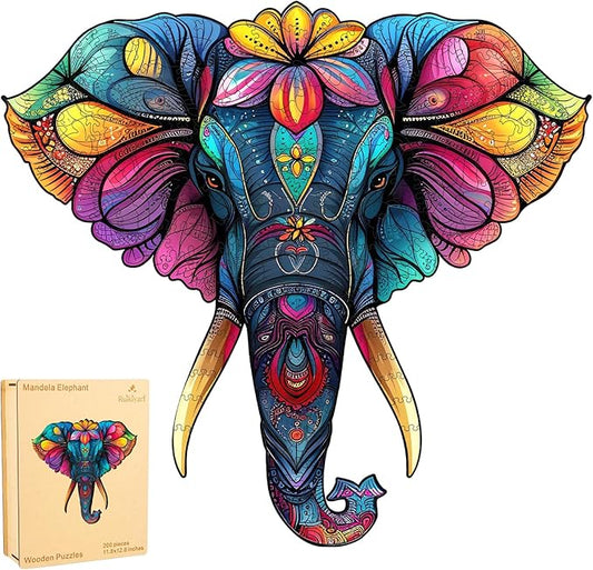 Ruikiyart Wooden Puzzles for Adults, 5MM 200 Pieces Mandala Elephant Jigsaw Puzzles Unique Shapes, Animal Puzzles Gift for Kids and Adults on Birthday,Thanksgiving,Christmas (11.8"x12.8")