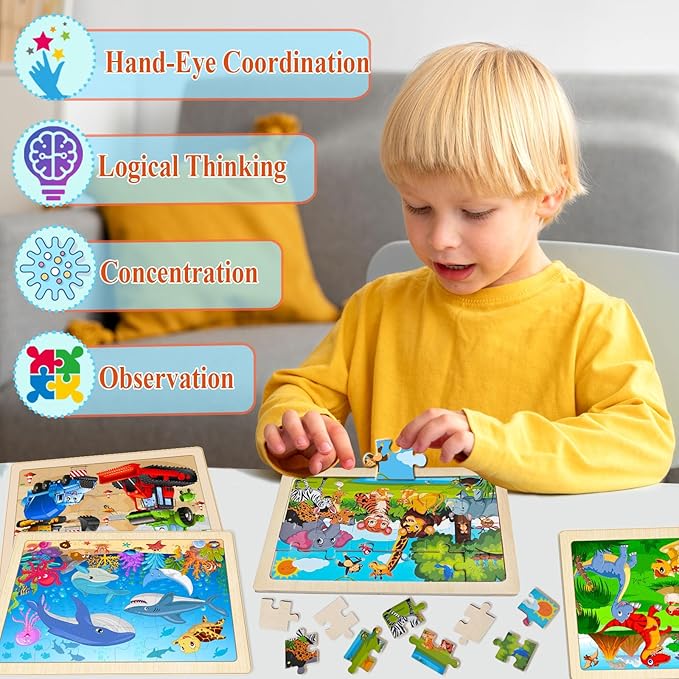 Wooden Puzzles for Kids Ages 4-6, 4 Pack with 24 Pieces Dinosaur, Animal, Ocean, Vehicle Wooden Puzzles for Toddlers Set, Educational & Learning Puzzles, Toys Gifts for 3 4 5 6 Year Old Boys Girls