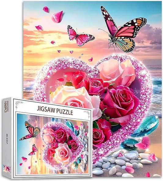 1000 Piece Jigsaw Puzzles for Adults Loving Heart Painting Jigsaw Puzzle Romantic Rose and Butterfly Puzzles for Challenging Family Activity Seascape Art Puzzle Wall Decor Boho Gift (Colorful)