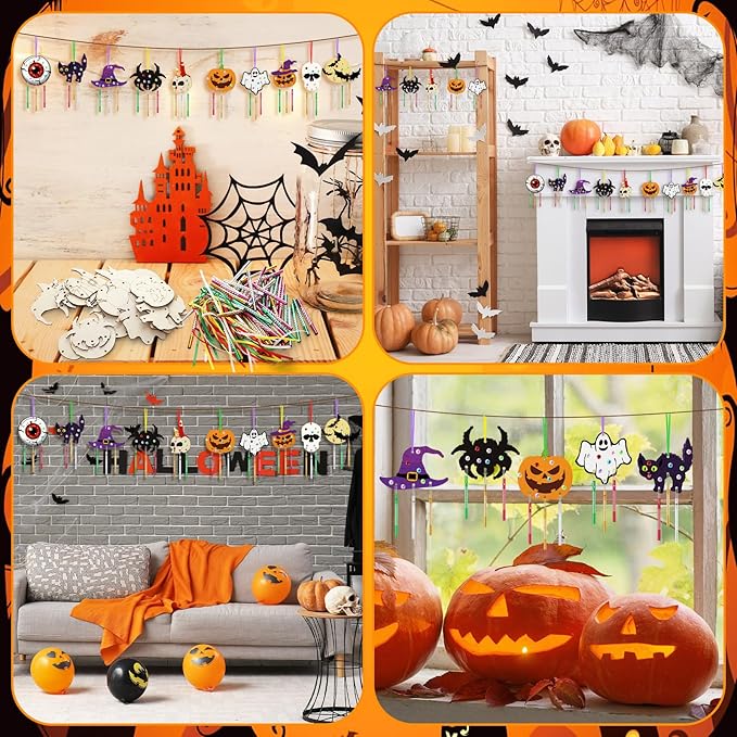 JellyArch 30 Pack Halloween Wind Chime Making Kit for Kids Make Your Own Wind Chime Ghost Spider Wooden Crafts Ornaments for Girls Boys DIY Activity Birthday Decoration