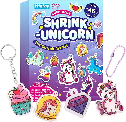 89PC DIY Unicorn Shrinking Plastic Art Kit - 46 Pre-Cut Shapes, 12 Markers & Accessories - Make Charms, Keychains & Tags - No-Mess Craft for Kids - Birthday Gift with Shrinking Plastic Sheets