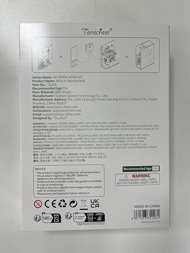 Tonecheer DIY Book Nook Kit for Adults,3D Wooden Puzzle Bookend Bookshelf Insert Library Decor, Booknook Miniature House Kit with Body Motion Sensor LED Light (Alice in Wonderland)