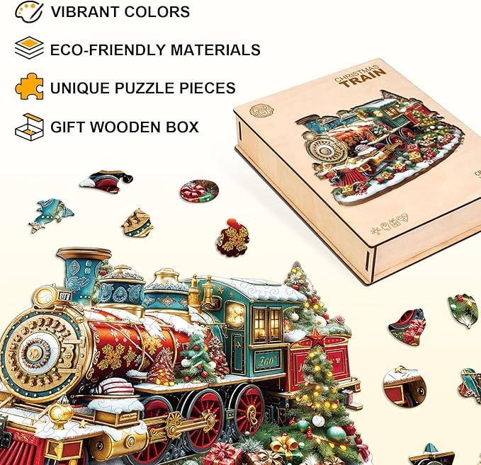 Jigfoxy Wooden Puzzles for Adults, Christmas Train Wood Puzzles Adult, Unique Animal Shape Wooden Jigsaw Puzzles for Adults, Birthday Gifts for Puzzle Lovers, Family, Friend (M-11.4 * 9.3in-175pcs)