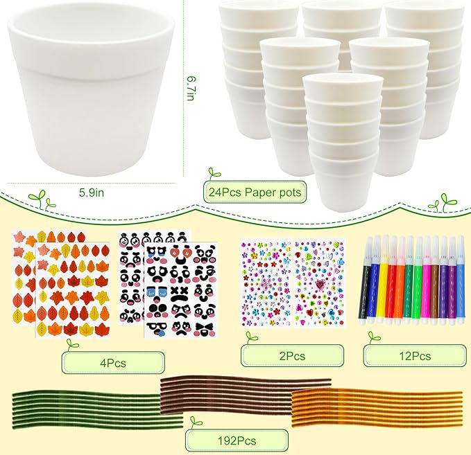 24 Set Garden Pot Craft Kit DIY Sunflower Plant Crafts Pot with Pipe Cleaners Stickers Fall Craft Kit for Fall Thanksgiving Autumn Harvest Classroom Creative DIY Art Project Bulk Painting (Flower)