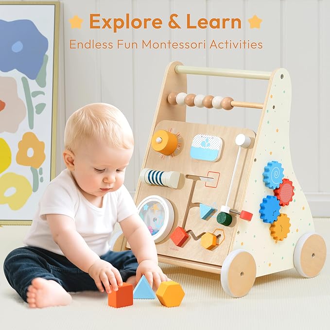 Wooden Baby Walker Push Toy with Activity Center, Montessori Toddler Walking Wagon with Blocks, Gears & Shape Sorter for 1 2 3 Year Old Boys Girls