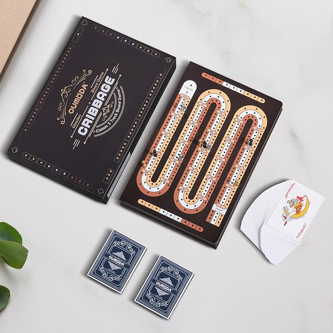 Wooden Magnetic Cribbage Board Game| Travel 3-Track Scoreboard Set| 2 Playing Cards| 9 Metal Pegs| Compact Size for Travelling Game Night (Instruction Included)