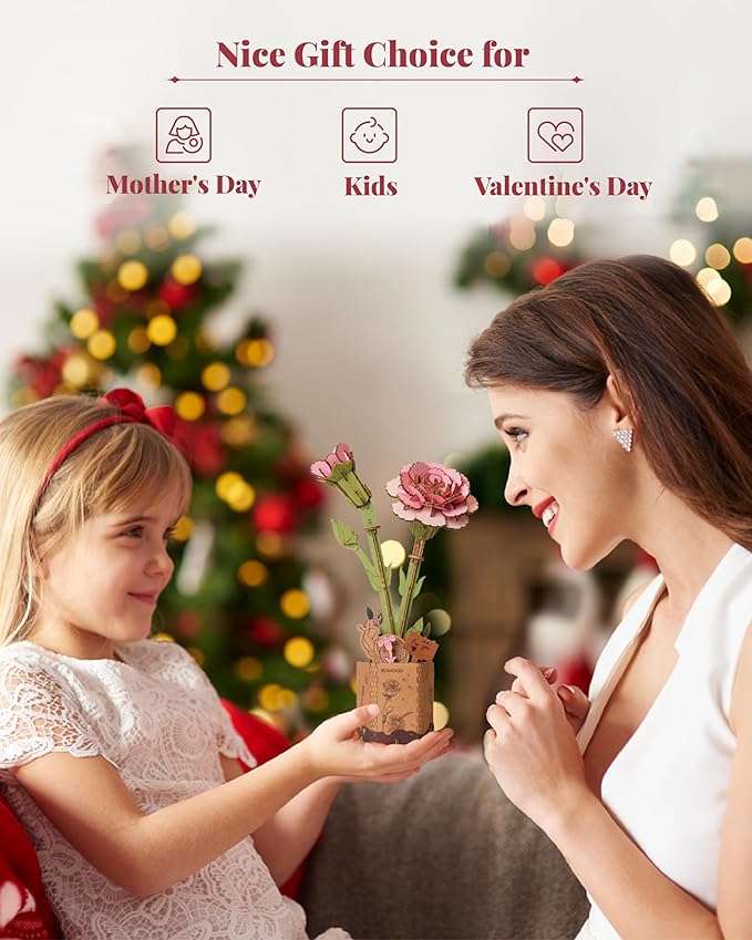 rowood 3D Puzzle Wood Flower,DIY Artifical Flower Building Set Craft Kit for Women,Mother's Day/Valentine's Day/Teacher's Day/Thanksgiving/Christmas/Birthday Gift -Pink Carnation