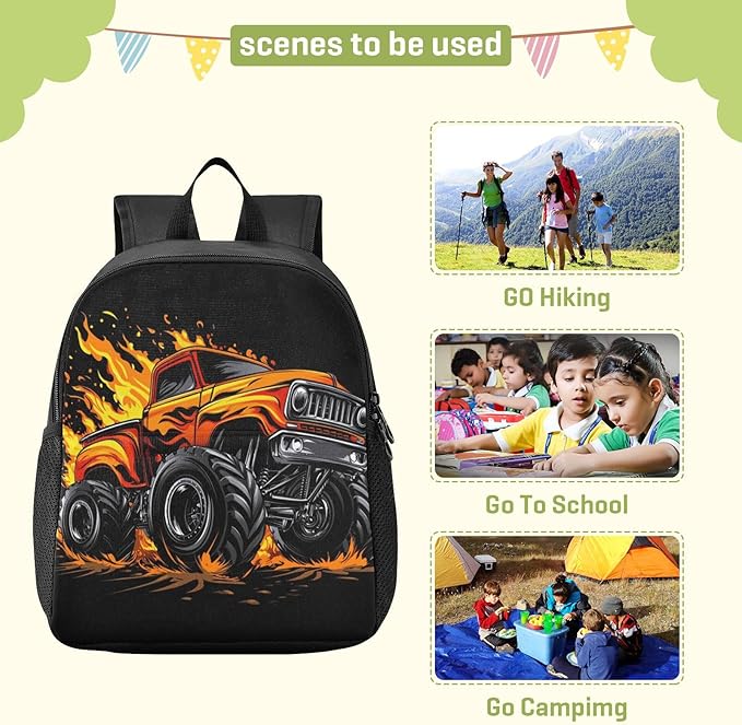 Monster Truck Orange Toddler Backpack for Boys Girls 3-6 Small Preschool Backpacks for Kids Elementary Mini Bookbag for Preschool for School