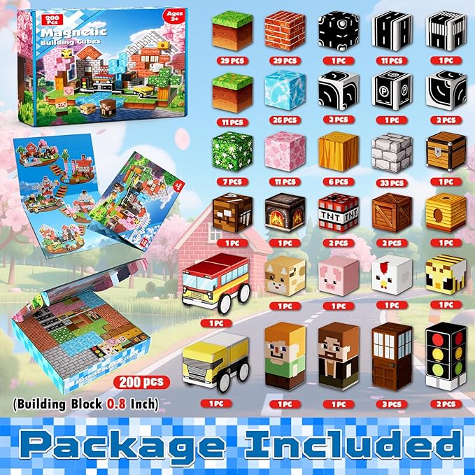 200 PCS 0.8in Magnetic Blocks - Magnet Toys & Magnetic Building Blocks Cubes, Stacking Magnets, STEM Toys for School Acitivities, Birthday Gifts for Boys Age 3+ Years Old (Theme: Forests)